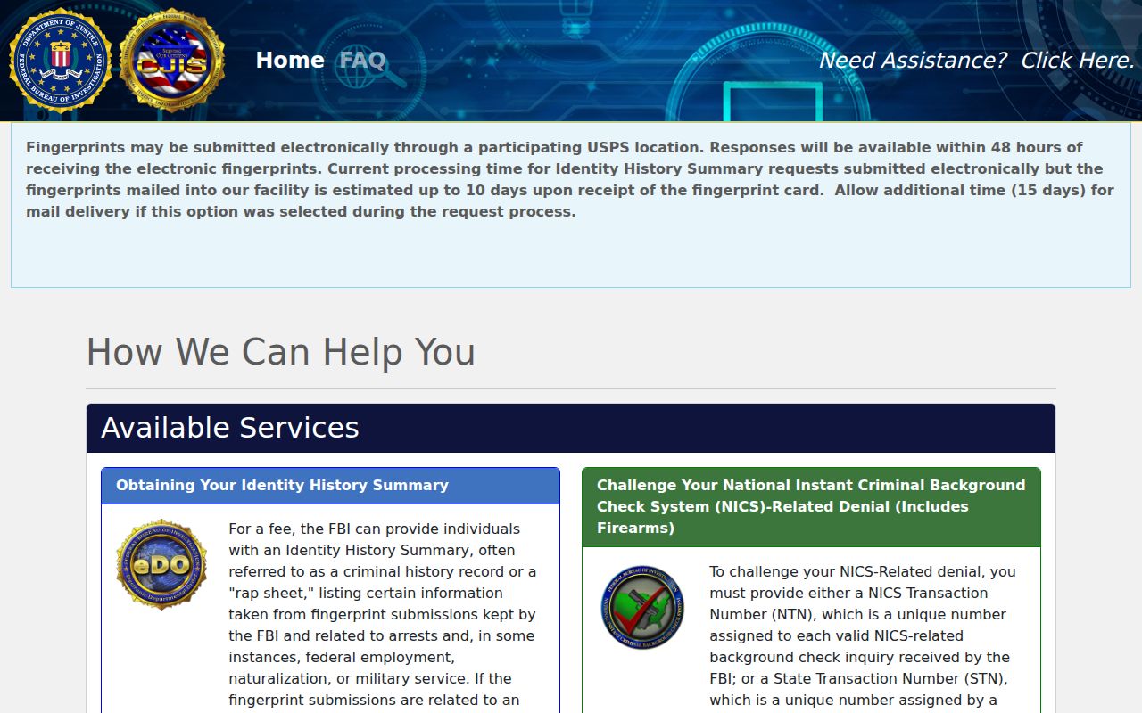 Mason County criminal history FBI identity request portal