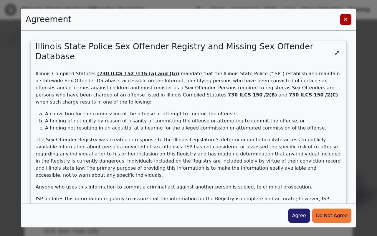 Illinois State Police registry search fields for name and location